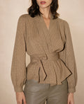 Cannes Geruite Overslag Blouse - Taupe